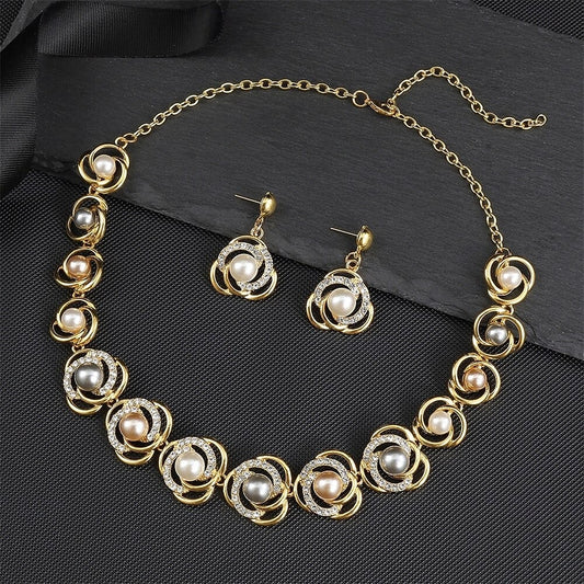 Elegant Pearl & Chrome Jewelry Set – Vintage Necklace & Earrings for Women