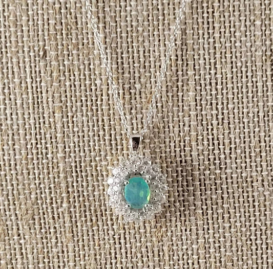 Blue-Green Opal & White Sapphire Halo Necklace – Sterling Silver Elegance