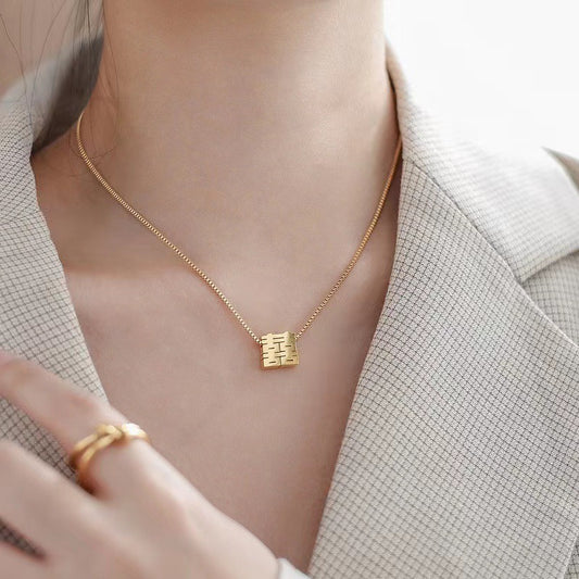 Double Happiness Pendant Necklace – Gold Blessing Clavicle Chain for Women