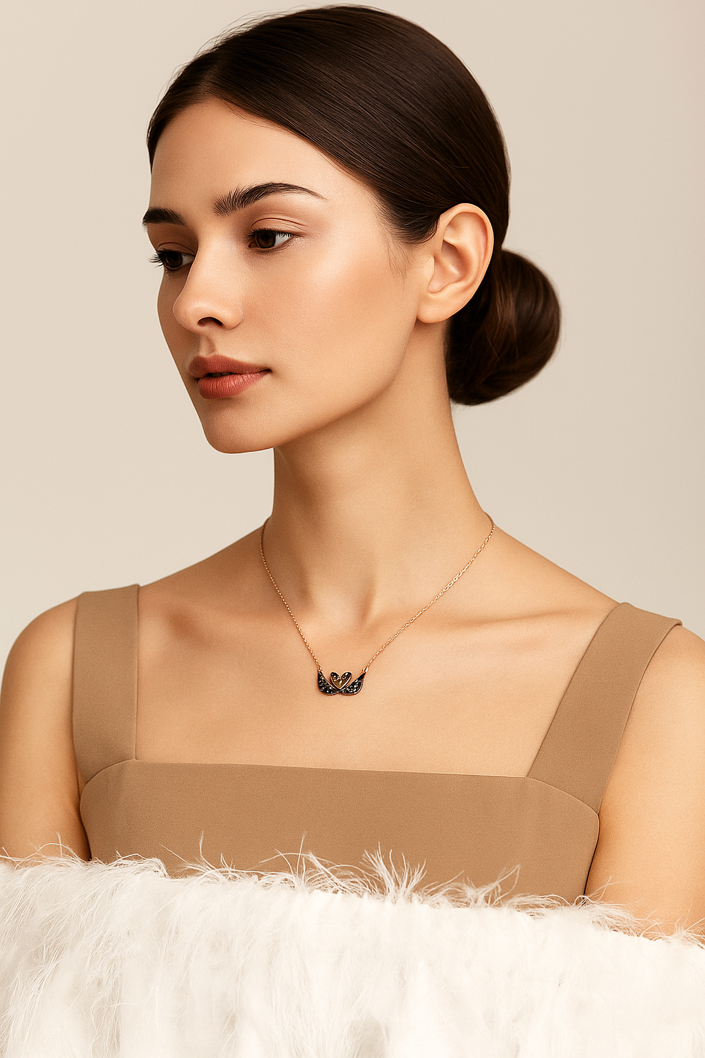 Elegant woman wearing gold swan pendant necklace – luxury jewelry by LuxyHub.