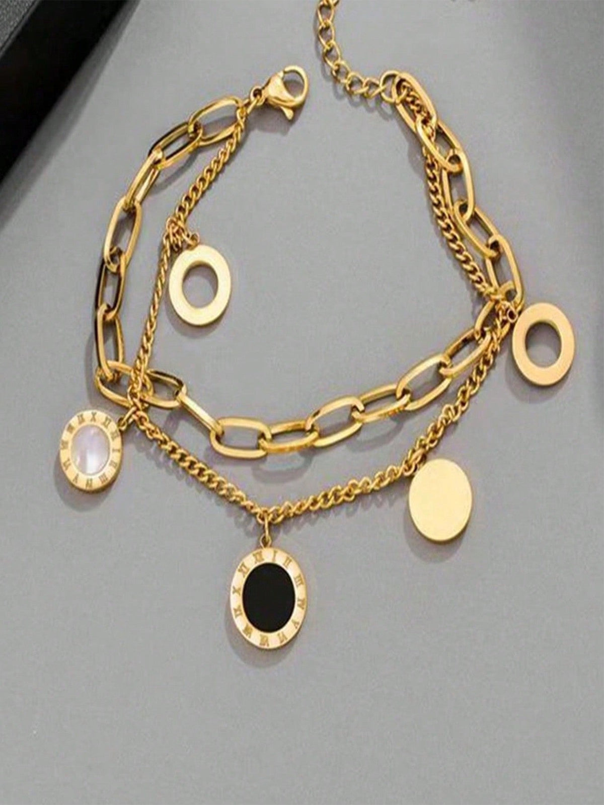 Shein - 1pc Stainless Steel Fashionable And Trendy Double Layer Link Chain Bracelet With Roman Numerals