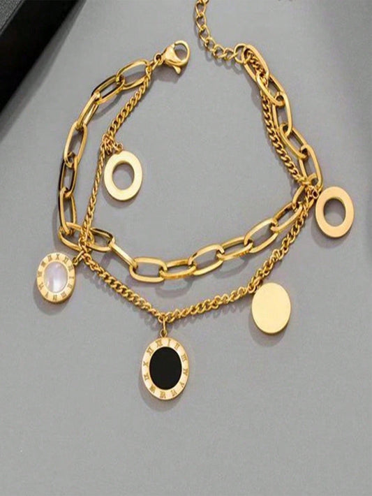 Shein - 1pc Stainless Steel Fashionable And Trendy Double Layer Link Chain Bracelet With Roman Numerals