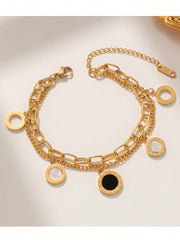 Shein - 1pc Stainless Steel Fashionable And Trendy Double Layer Link Chain Bracelet With Roman Numerals