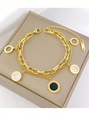 Shein - 1pc Stainless Steel Fashionable And Trendy Double Layer Link Chain Bracelet With Roman Numerals