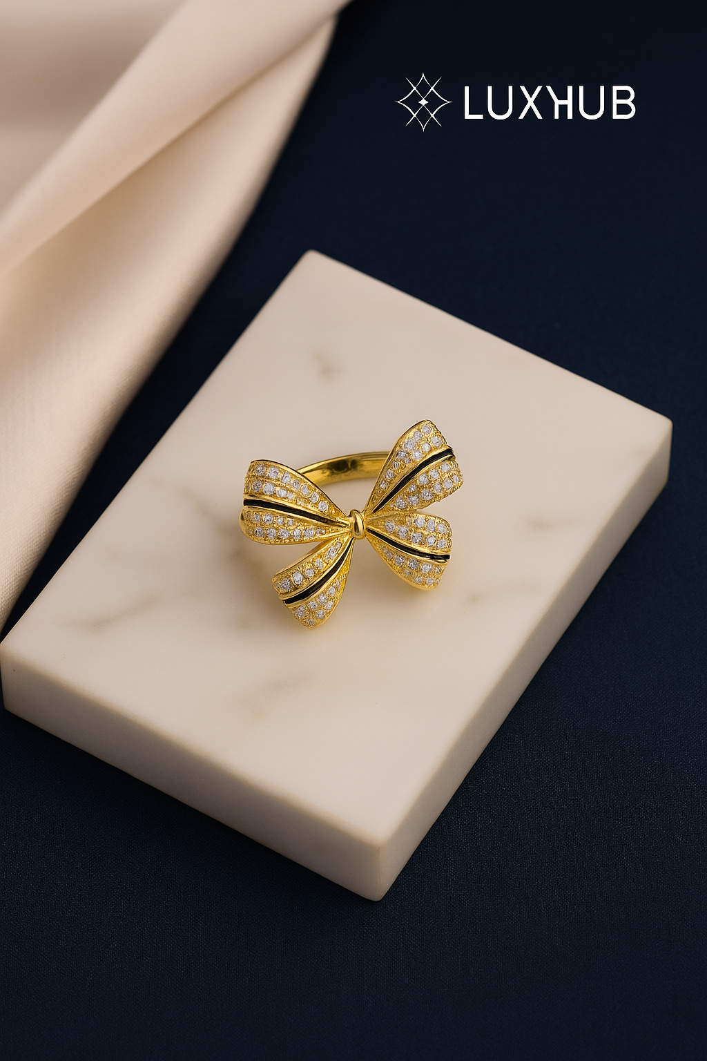 Zircon Bow Knot Ring – Gold Stainless Steel Adjustable Band