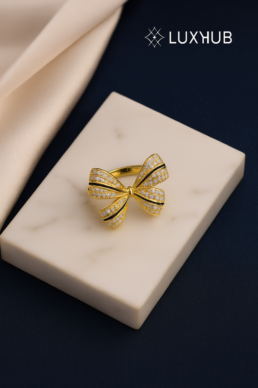 Zircon Bow Knot Ring – Gold Stainless Steel Adjustable Band