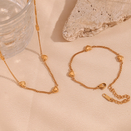 18k Gold Stainless Steel Heart Bracelet Necklace Waterproof Jewelry Set