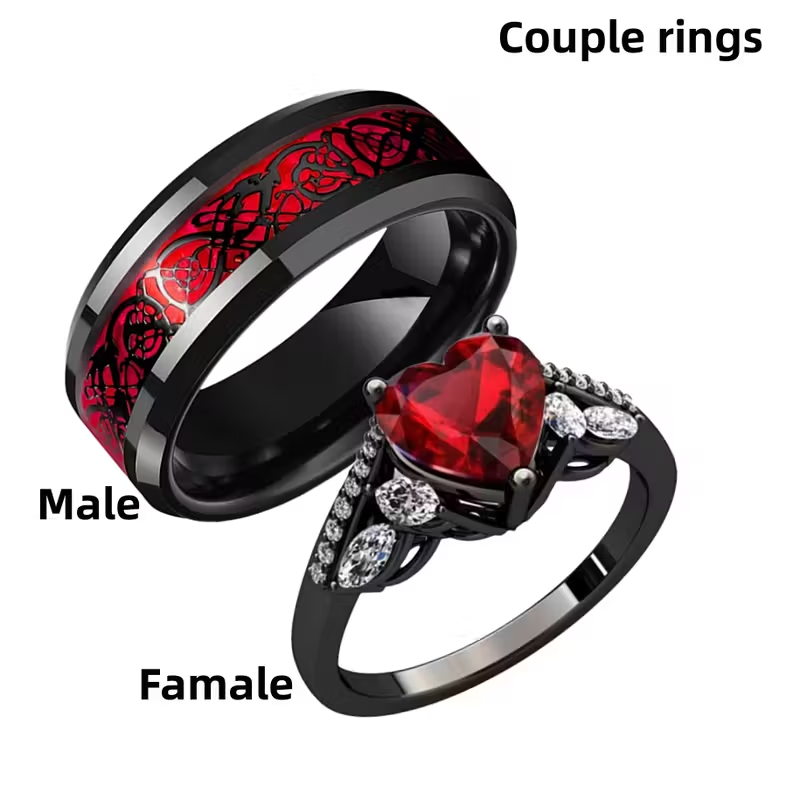 Couple Heart Rings – Red Gemstone Stainless Steel Love Bands