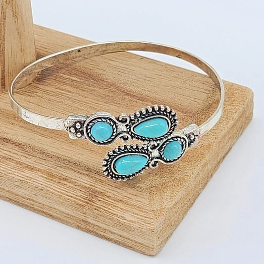 Antique Silver Blue Turquoise Filigree Bangle Bracelet 2.5