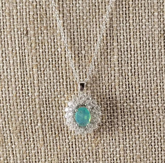 Blue-Green Opal & White Sapphire Halo Necklace – Sterling Silver Elegance