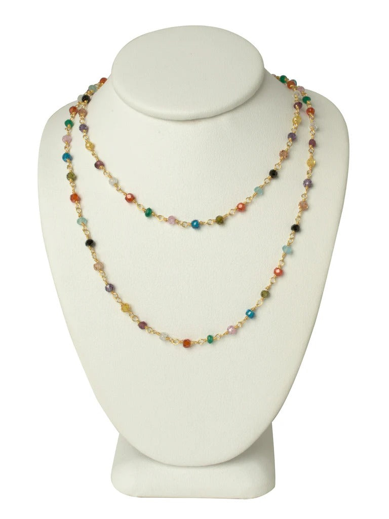 Elegant Long Natural Multi Gemstone Gold Necklace