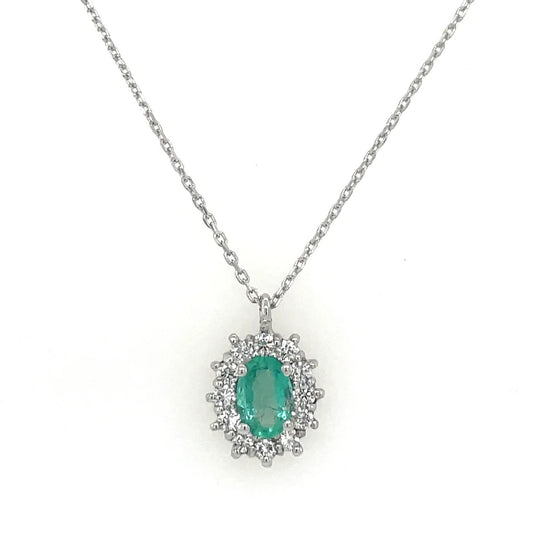 Blue-Green Opal & White Sapphire Halo Necklace – Sterling Silver Elegance