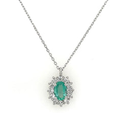 Blue-Green Opal & White Sapphire Halo Necklace – Sterling Silver Elegance