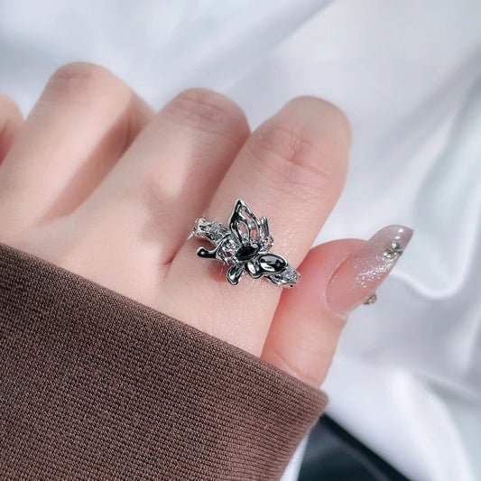 Butterfly Adjustable Open Ring with black
